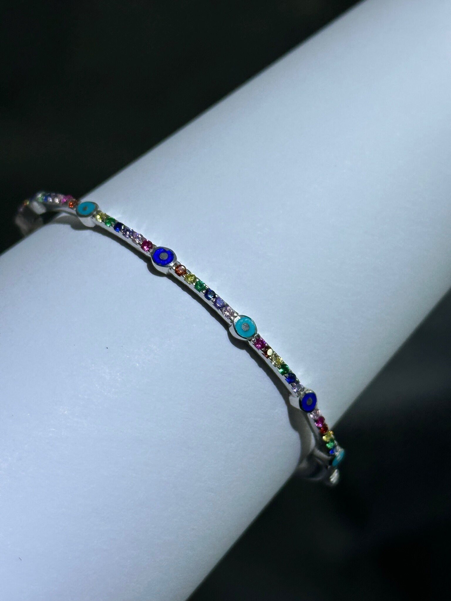 LIV Platinum Sterling Silver Simulated Rainbow Sapphire Pave Evil Eye Design Halo Cable Bangle Bracelet Gift