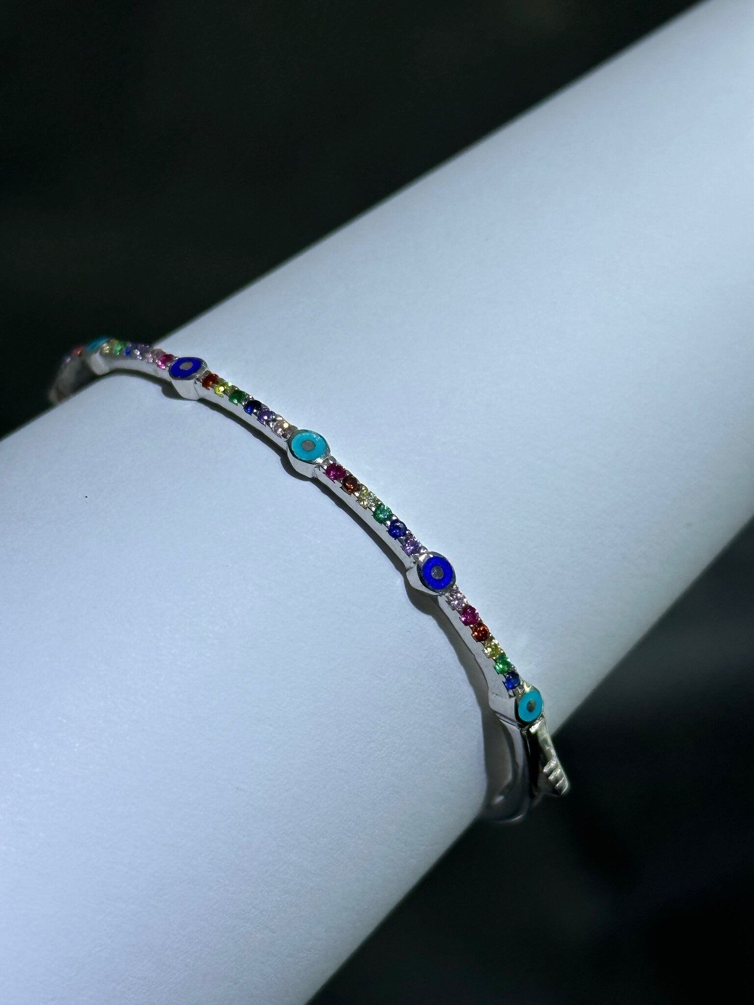 LIV Platinum Sterling Silver Simulated Rainbow Sapphire Pave Evil Eye Design Halo Cable Bangle Bracelet Gift