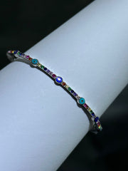 LIV Platinum Sterling Silver Simulated Rainbow Sapphire Pave Evil Eye Design Halo Cable Bangle Bracelet Gift