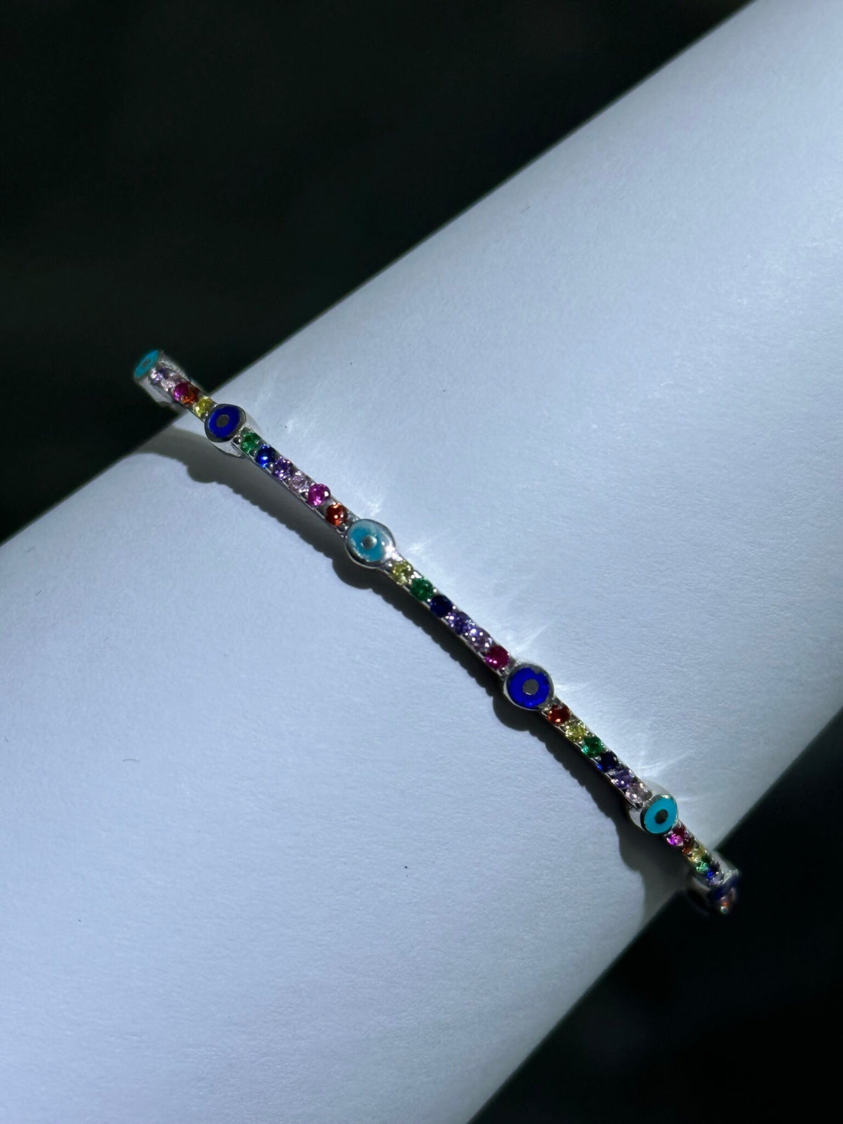 LIV Platinum Sterling Silver Simulated Rainbow Sapphire Pave Evil Eye Design Halo Cable Bangle Bracelet Gift