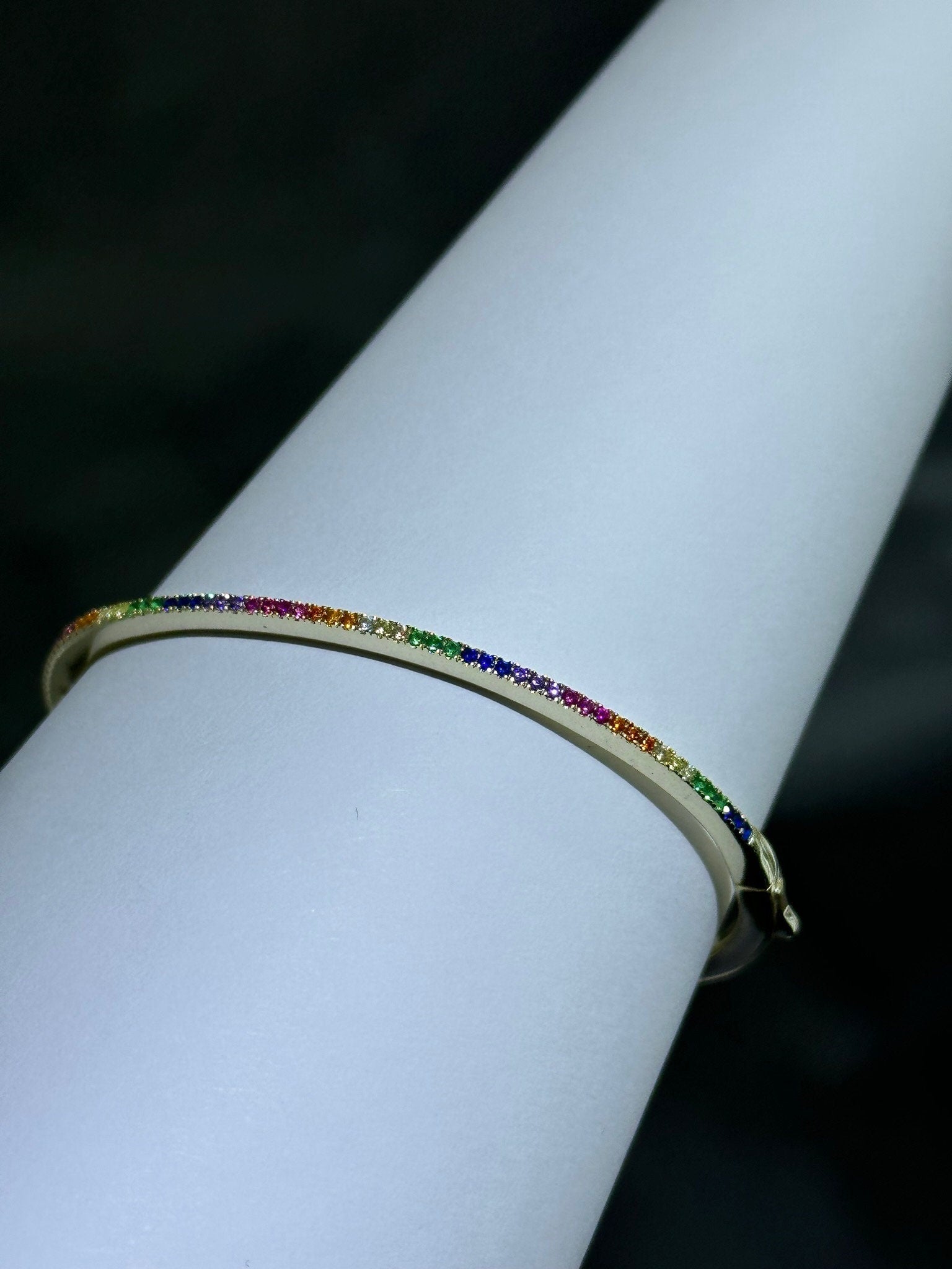 LIV 18k Yellow Gold Sterling Silver Rainbow Sapphire Thin Bangle Tennis Design Bracelet Gift 7" Length