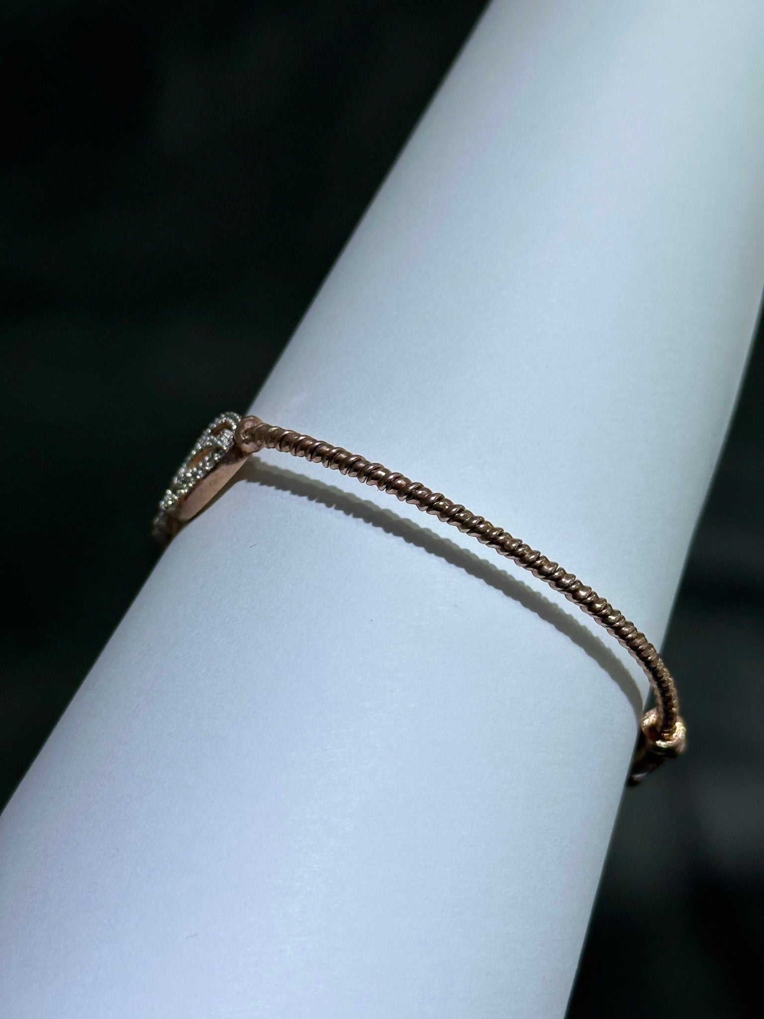 LIV 18k Rose Gold Sterling Silver White Sapphire Feather Leaf Design Pave Cable Design Bangle Bracelet Gift 7" Length