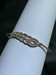 LIV 18k Rose Gold Sterling Silver White Sapphire Feather Leaf Design Pave Cable Design Bangle Bracelet Gift 7" Length