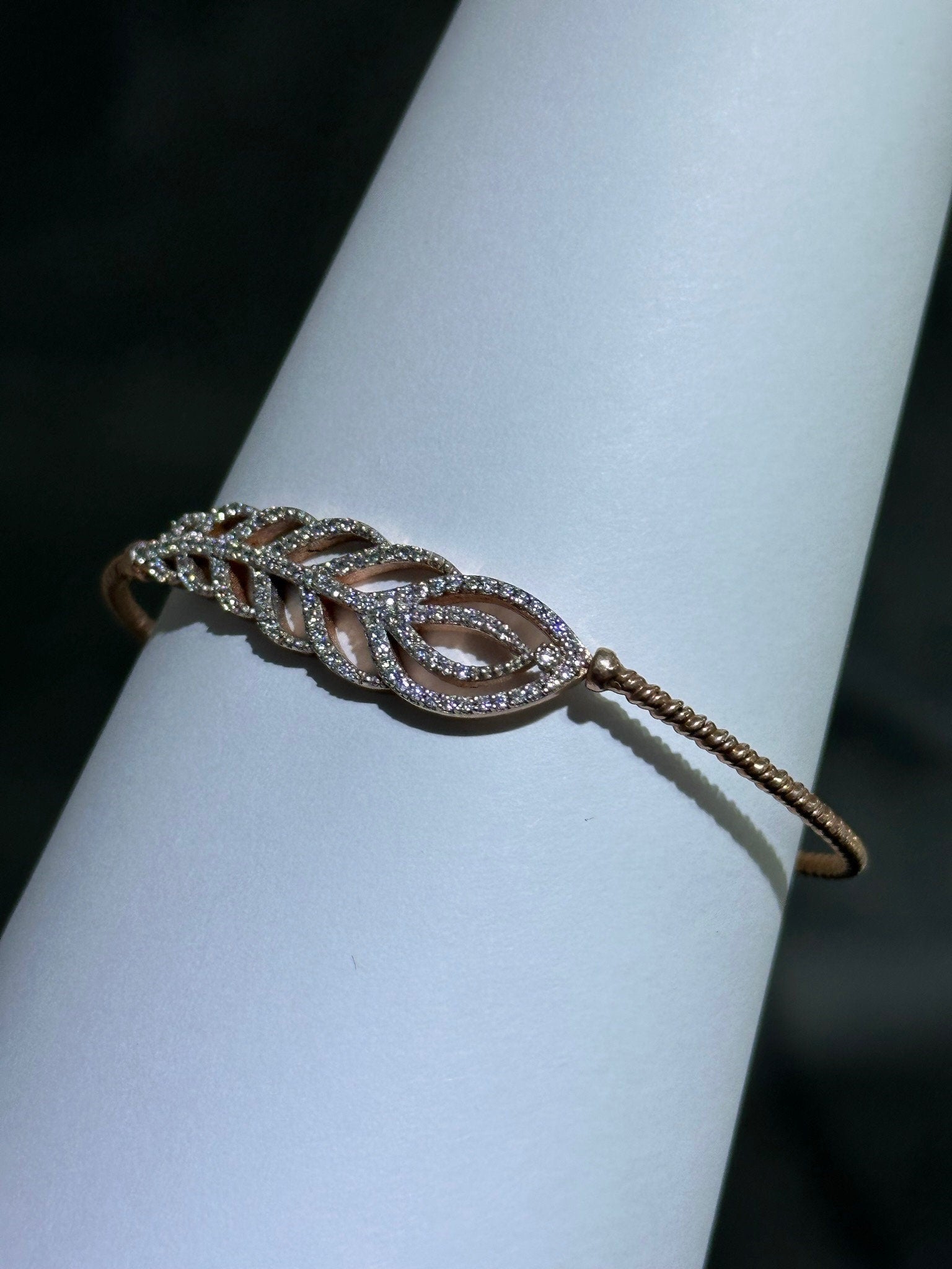 LIV 18k Rose Gold Sterling Silver White Sapphire Feather Leaf Design Pave Cable Design Bangle Bracelet Gift 7" Length