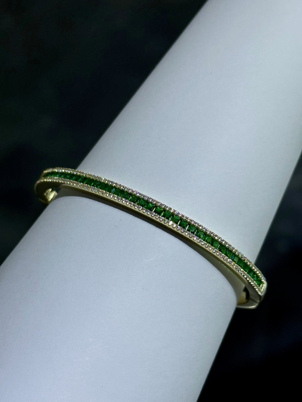 LIV 18k Yellow Gold Sterling Silver Green & White Sapphire Halo Baguette Cut Channel Design Pave Bangle Bracelet Gift 7" Length