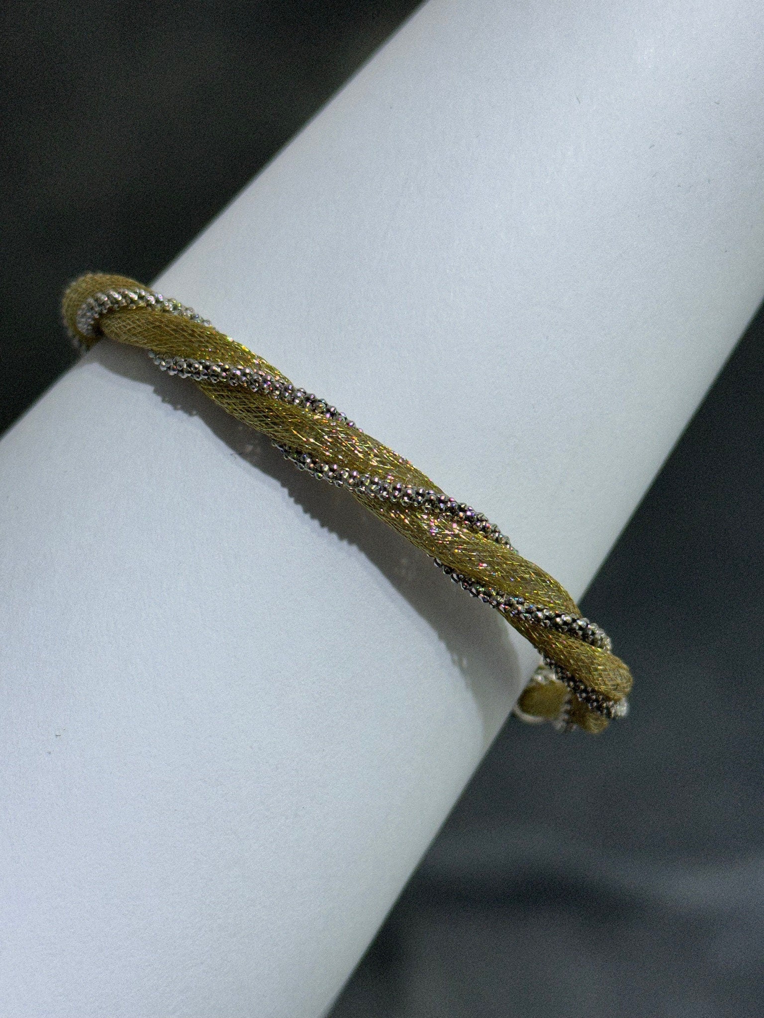 LIV 18k Yellow Gold Sterling Silver Twisted Mesh Design Magnetic Lock Halo Hand Made Soft Bangle Tennis Stack Bracelet Gift