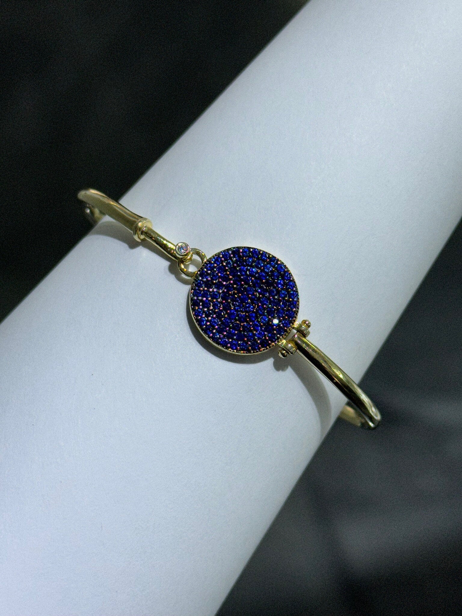 LIV 18k Yellow Gold Sterling Silver Pave Blue Sapphire Evil Eye Design Halo Hand Made Bangle Stack Bracelet Gift