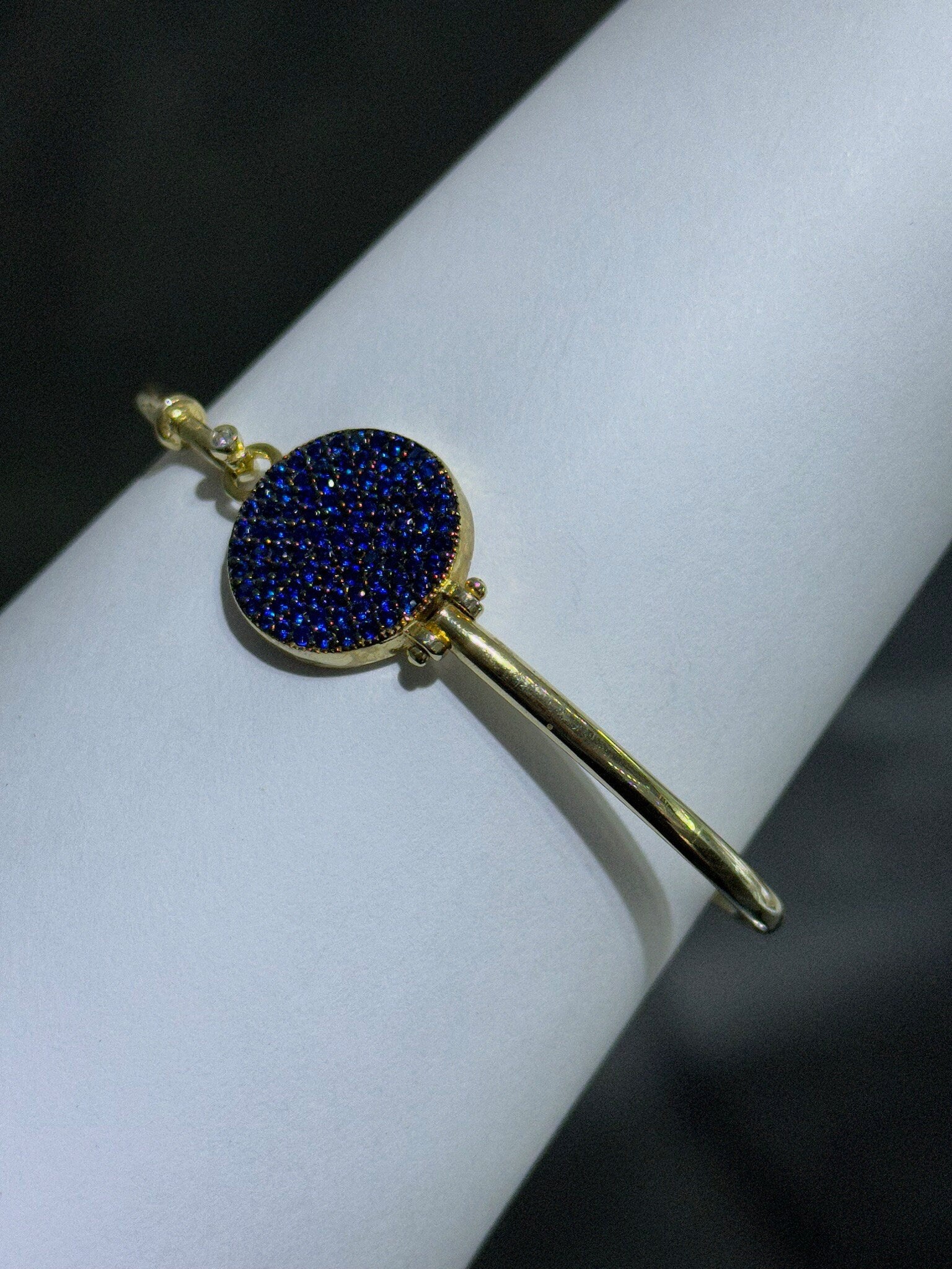 LIV 18k Yellow Gold Sterling Silver Pave Blue Sapphire Evil Eye Design Halo Hand Made Bangle Stack Bracelet Gift