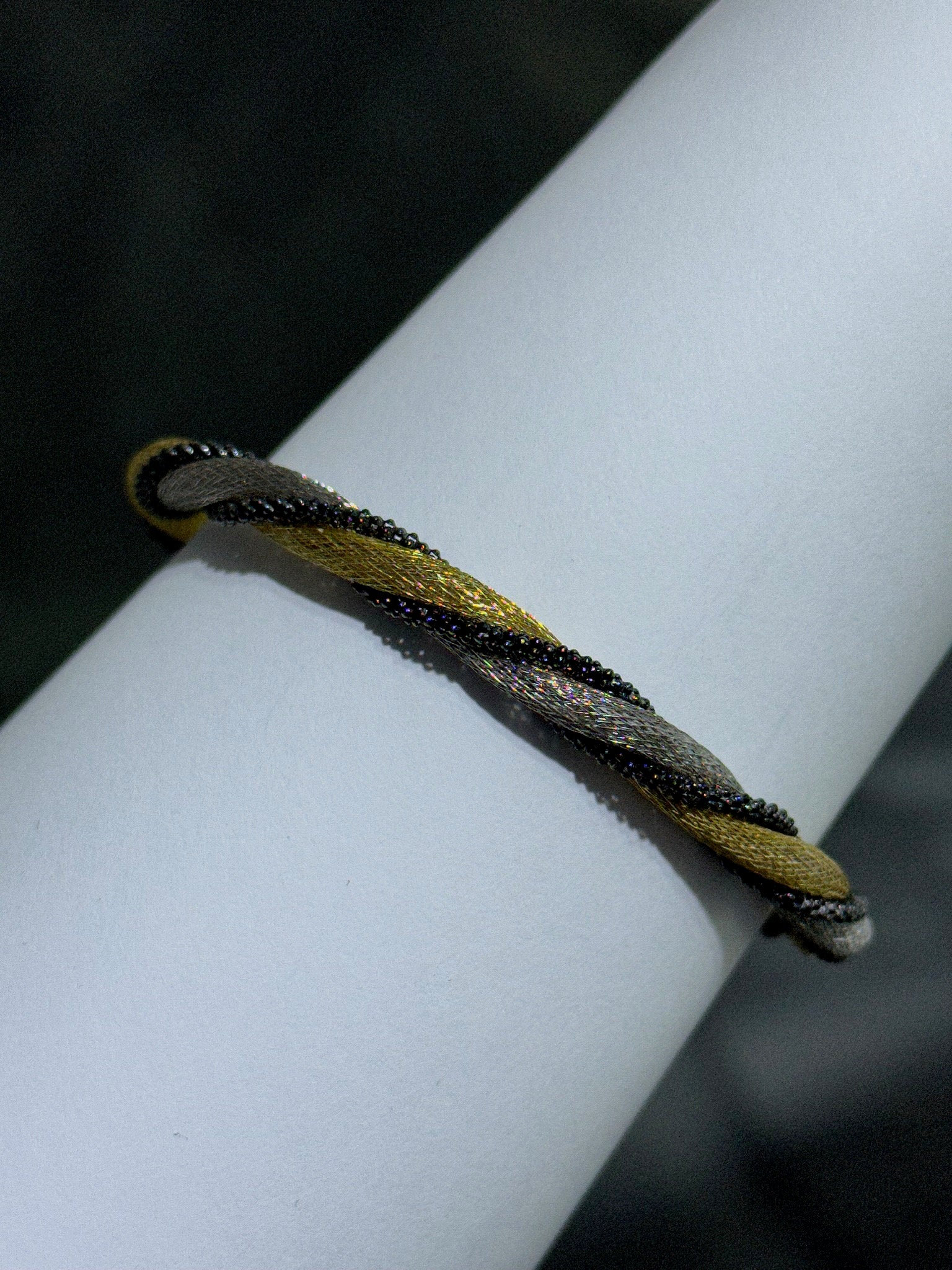 LIV 18k Tri Color Gold Sterling Silver Twisted Braided Mesh Design Halo Hand Made Bangle Stack Bracelet Gift