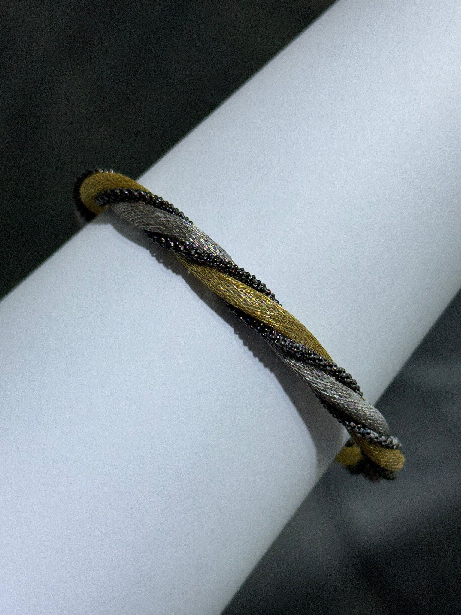 LIV 18k Tri Color Gold Sterling Silver Twisted Braided Mesh Design Halo Hand Made Bangle Stack Bracelet Gift