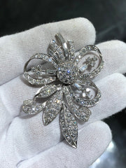 LIV Platinum Vintage Large Flower Brooch Unique Diamond Baguette & Round Natural Diamonds Pin Exquisite