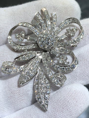 LIV Platinum Vintage Large Flower Brooch Unique Diamond Baguette & Round Natural Diamonds Pin Exquisite