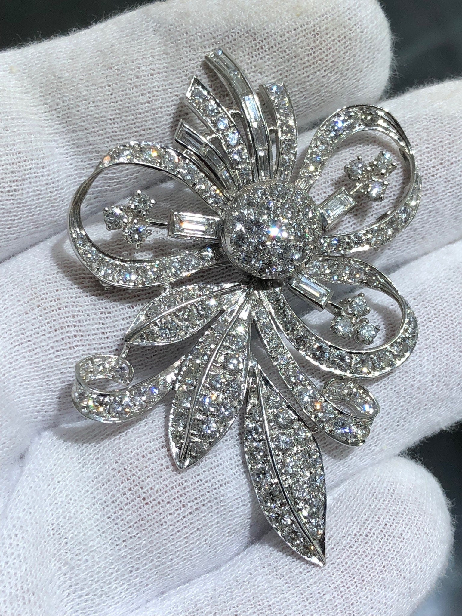 LIV Platinum Vintage Large Flower Brooch Unique Diamond Baguette & Round Natural Diamonds Pin Exquisite