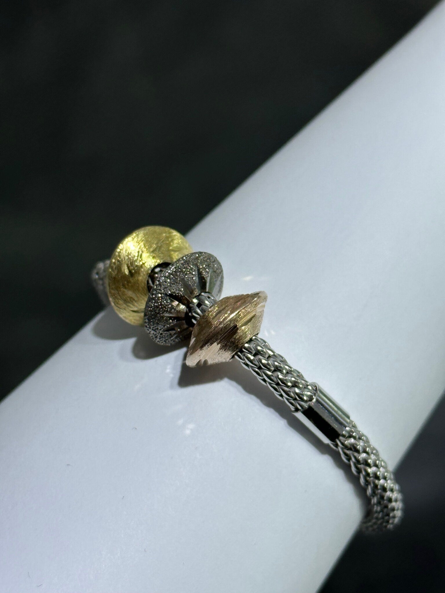 LIV 18k Tri Color Gold Sterling Silver Diamond Cut Mesh Design Halo Hand Made Tennis Bangle Stack Bracelet Gift
