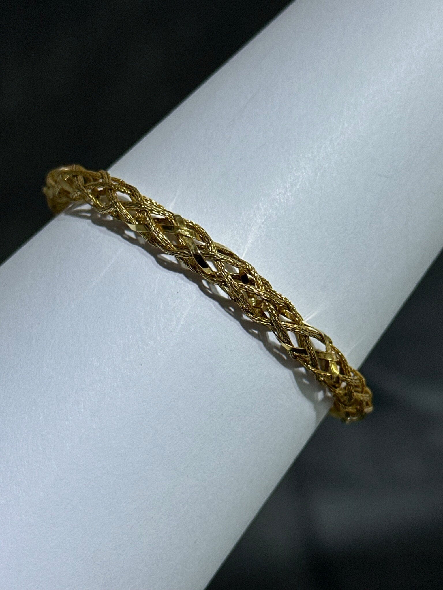 LIV 18k Yellow Gold Sterling Diamond Cut Mesh Cage Design Halo Hand Made Lobster Lock Soft Bangle Stack Bracelet Gift