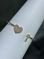 LIV 18k Yellow Gold Sterling Pave White Sapphire Heart & Key Design Hand Made Cuff Bangle Stack Bracelet Gift