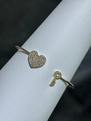 LIV 18k Yellow Gold Sterling Pave White Sapphire Heart & Key Design Hand Made Cuff Bangle Stack Bracelet Gift