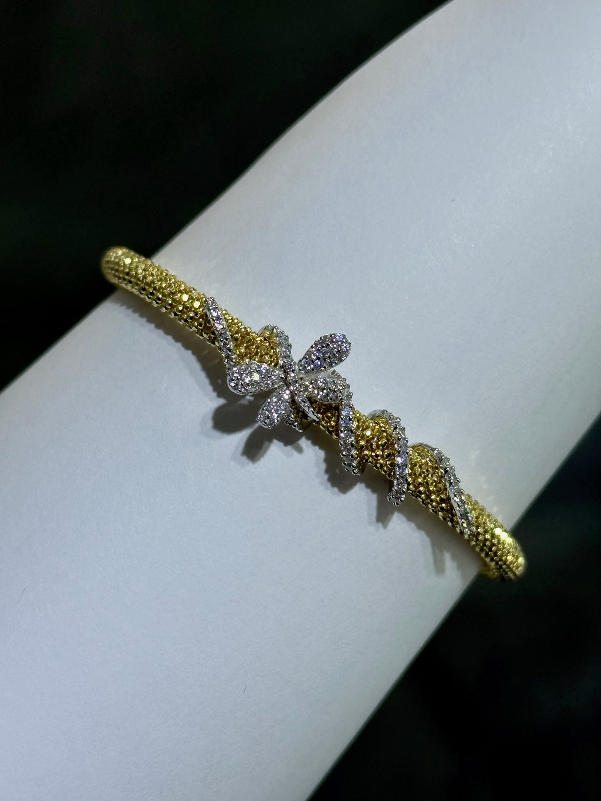 LIV 18k Yellow Gold Sterling Pave White Sapphire Diamond Cut Cable Design Hand Made Butterfly Soft Bangle Stack Bracelet Gift