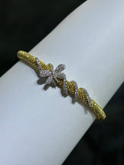 LIV 18k Yellow Gold Sterling Pave White Sapphire Diamond Cut Cable Design Hand Made Butterfly Soft Bangle Stack Bracelet Gift