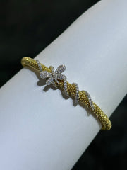 LIV 18k Yellow Gold Sterling Pave White Sapphire Diamond Cut Cable Design Hand Made Butterfly Soft Bangle Stack Bracelet Gift