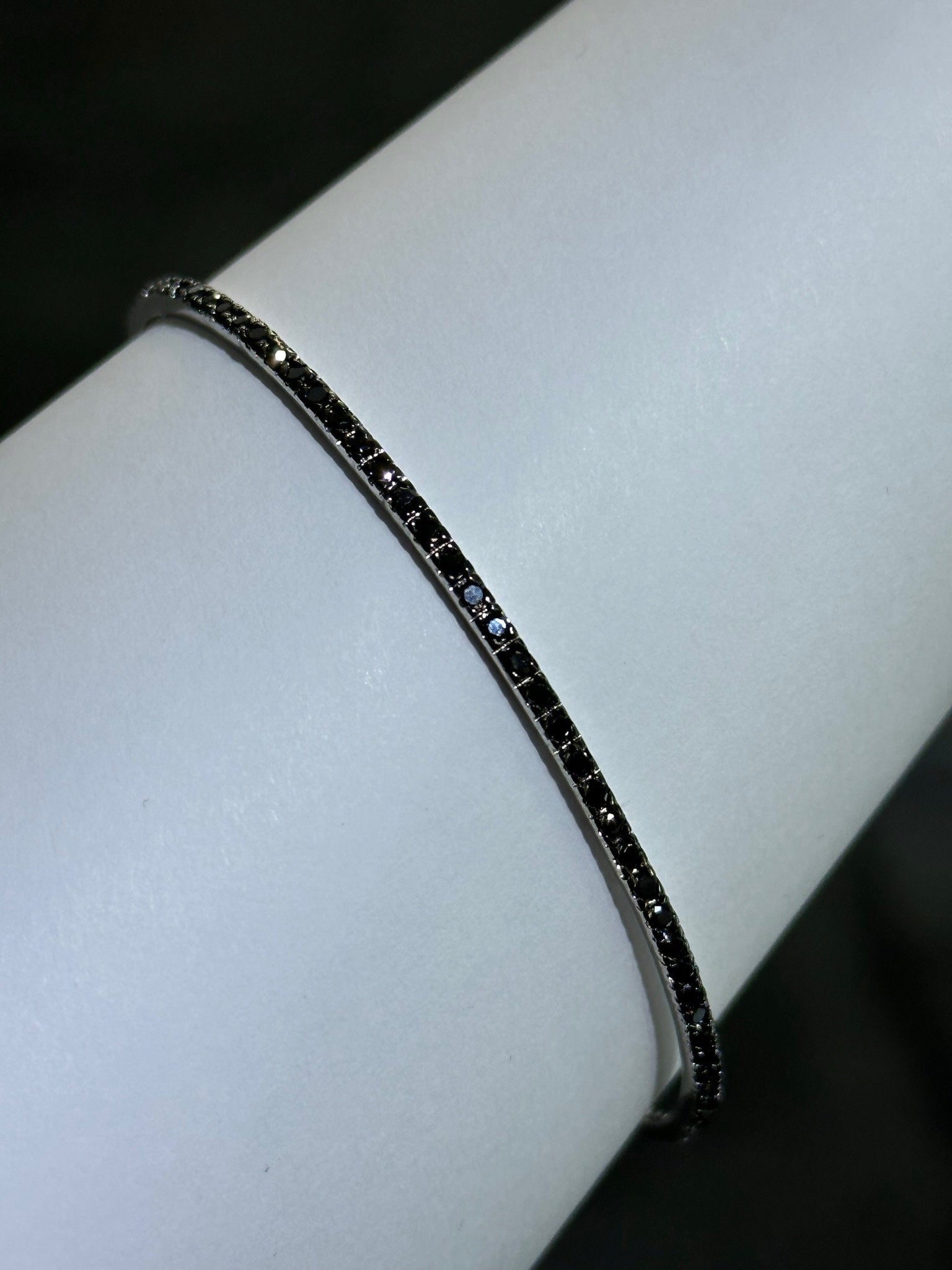 LIV Black Sterling Silver Pave Black Sapphire Thin Slip On Design Hand Made Stackable Bangle Bracelet Gift