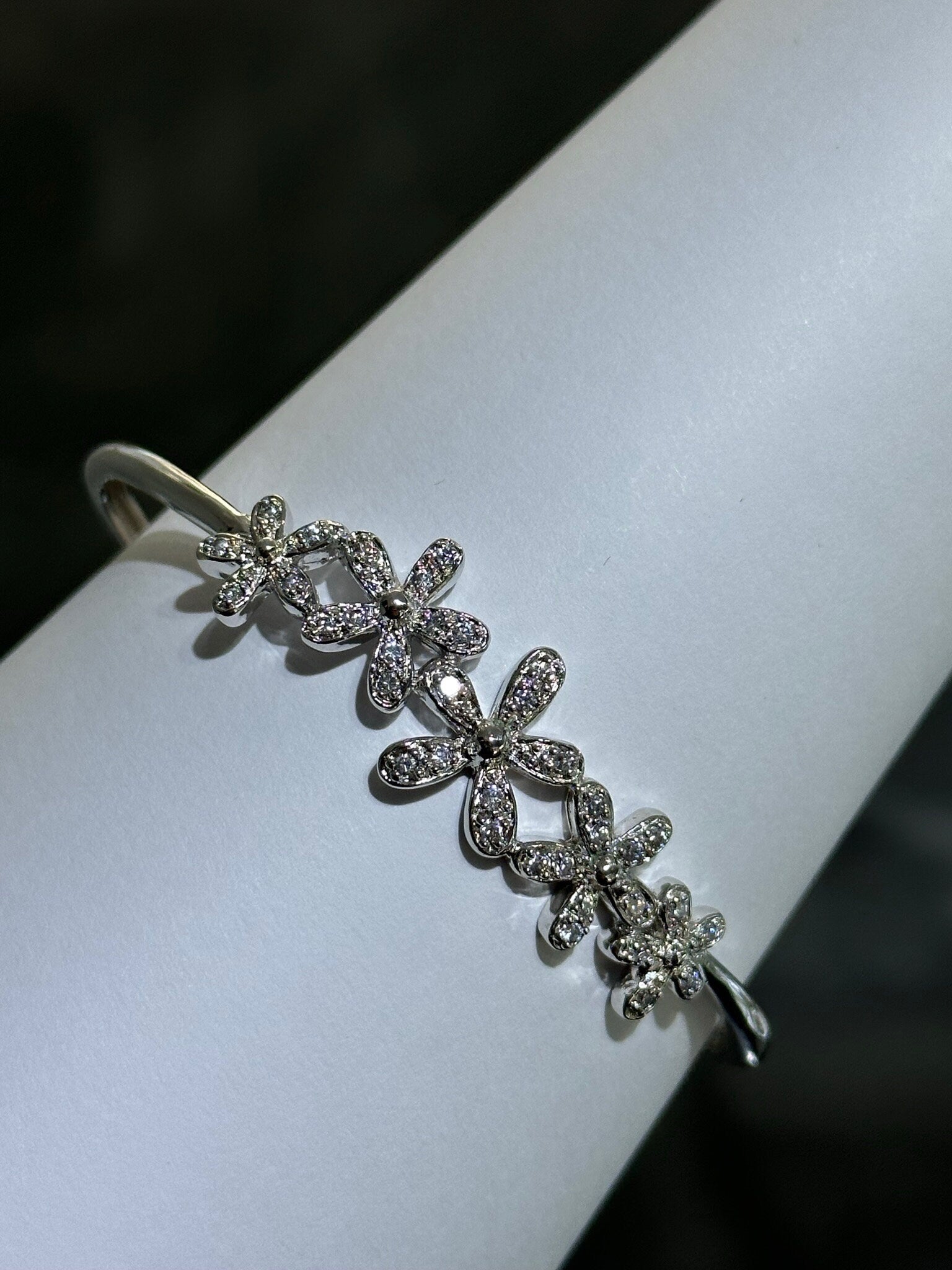 LIV Platinum Sterling Silver Pave White Sapphire Flower Design Hand Made Stackable Cuff Bangle Bracelet Gift