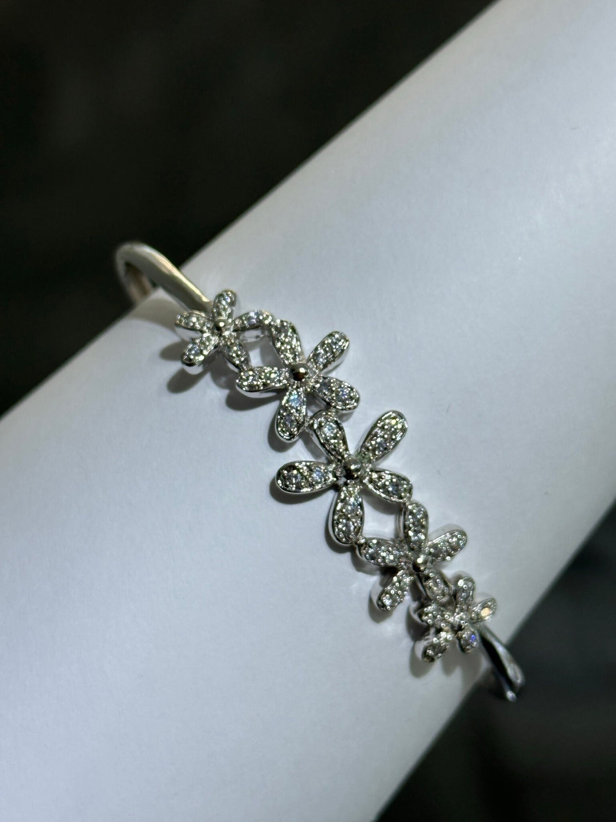 LIV Platinum Sterling Silver Pave White Sapphire Flower Design Hand Made Stackable Cuff Bangle Bracelet Gift