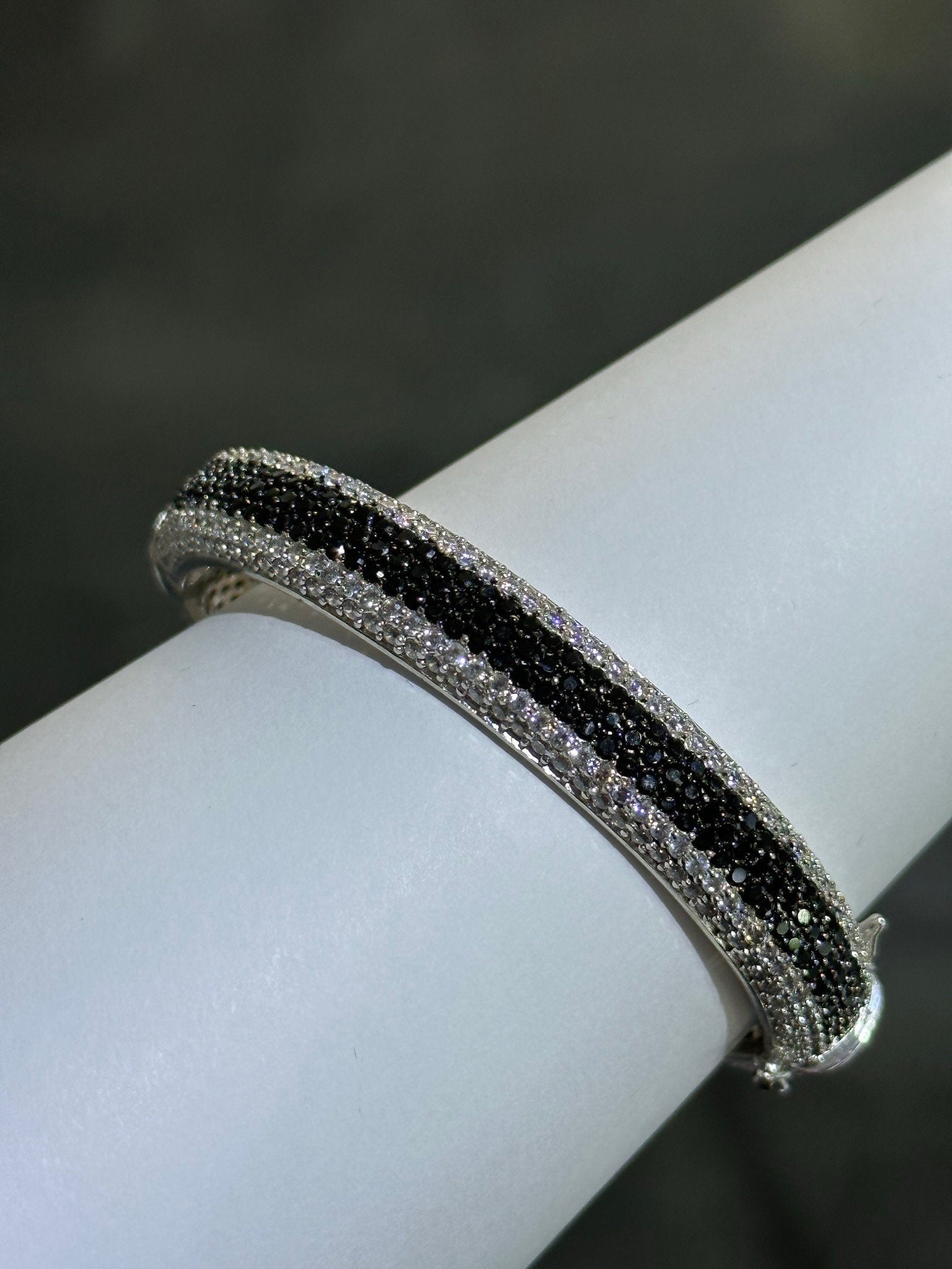 LIV Platinum Sterling Silver Pave Black & White Sapphire Wide Eternity Design Hand Made Stackable Bangle Bracelet Gift