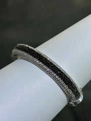 LIV Platinum Sterling Silver Pave Black & White Sapphire Wide Eternity Design Hand Made Stackable Bangle Bracelet Gift