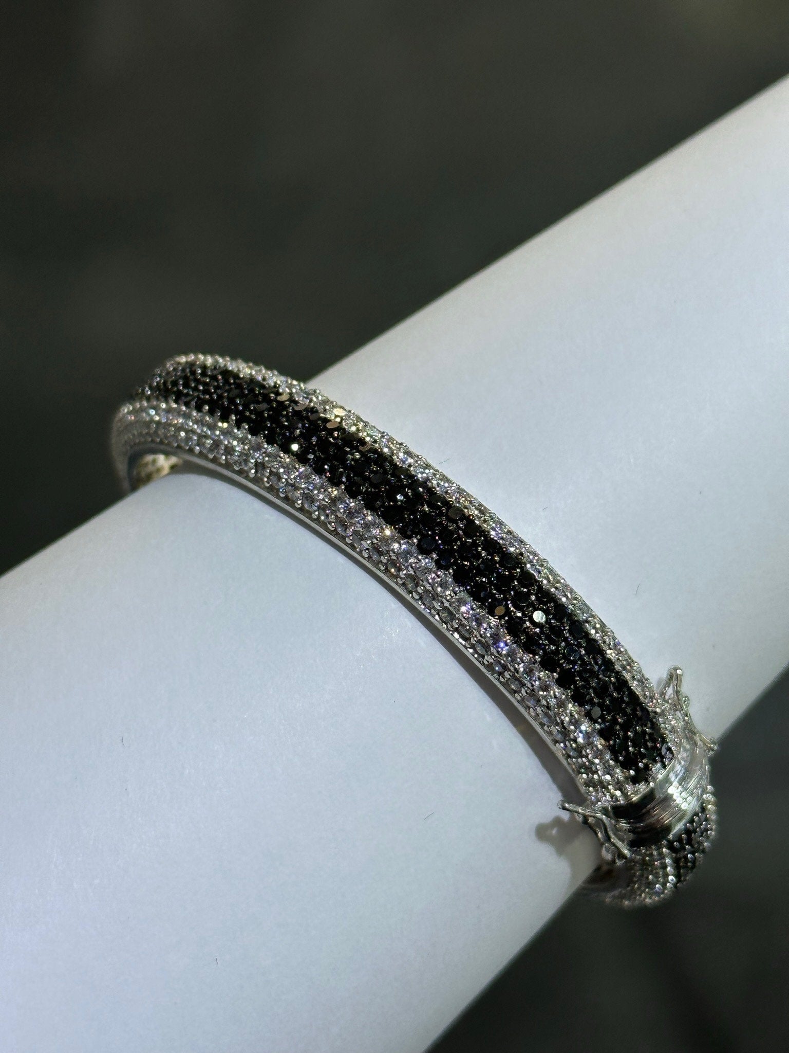 LIV Platinum Sterling Silver Pave Black & White Sapphire Wide Eternity Design Hand Made Stackable Bangle Bracelet Gift