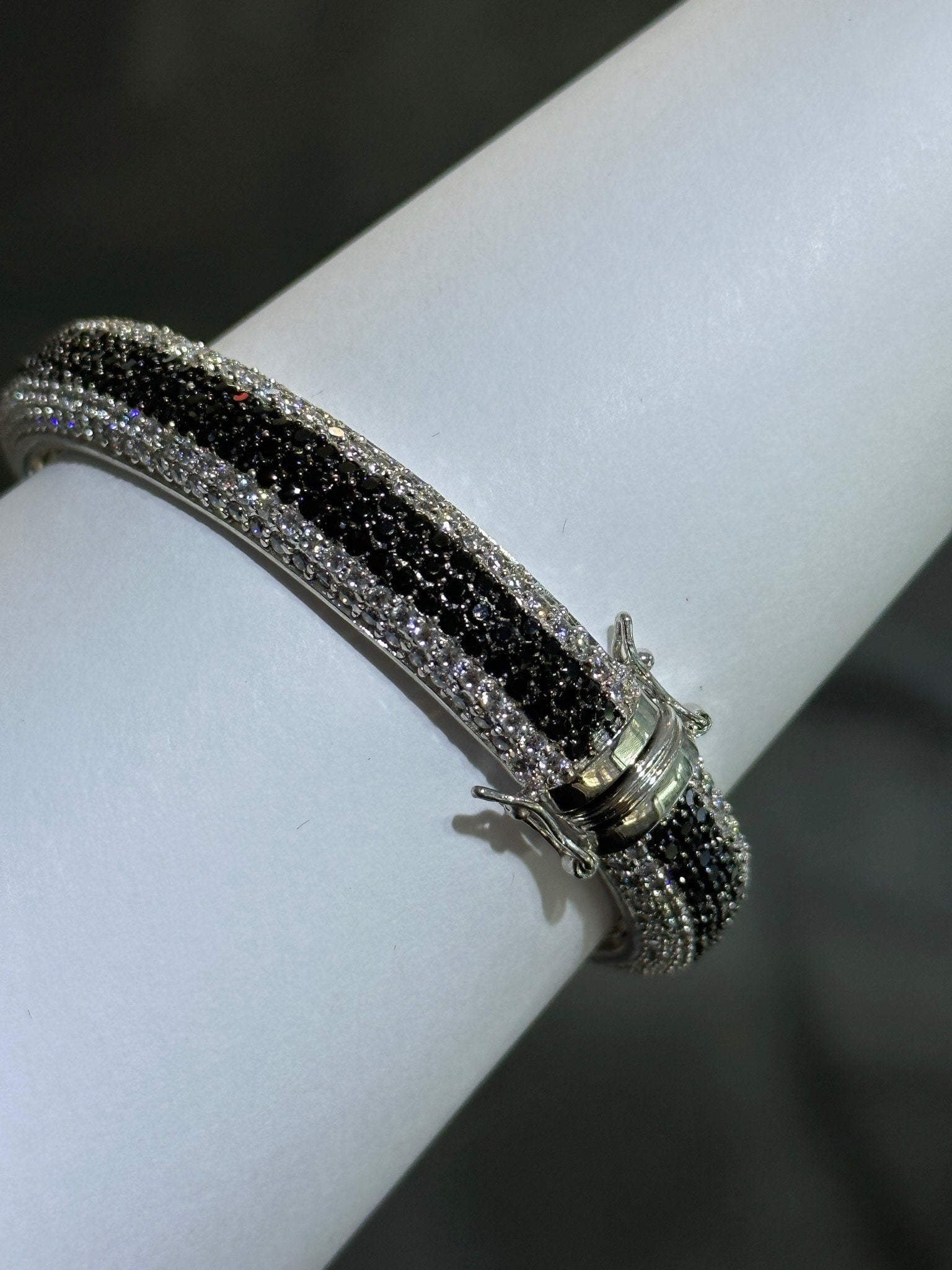 LIV Platinum Sterling Silver Pave Black & White Sapphire Wide Eternity Design Hand Made Stackable Bangle Bracelet Gift