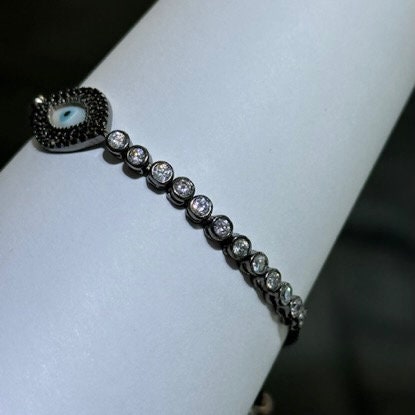 LIV 18k Black Gold Sterling Silver Black & White Sapphire Bezel Halo Design Hamsa Evil Eye Hand Made Stackable Adjustable Tennis Bracelet