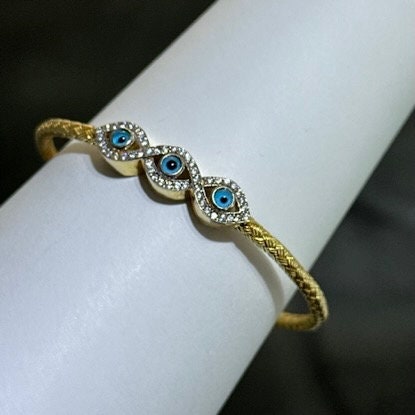 LIV 18k Yellow Gold Sterling Silver White Sapphire Bezel Halo Design Hamsa Evil Eye Hand Made Stackable Mesh Bangle Tennis Bracelet