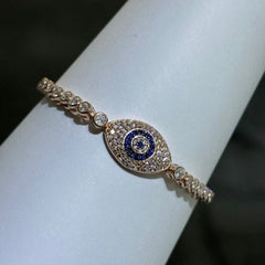 LIV 18k Rose Gold Sterling Silver  Blue & White Sapphire Bezel Halo Evil Eye Hamsa Hand Made Stackable Adjustable Tennis Bracelet