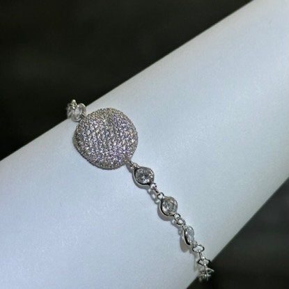 LIV Platinum Sterling Silver  Pave White Sapphire Bezel Halo Bean Design Hand Made Stackable Tennis Bracelet Gift