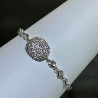 LIV Platinum Sterling Silver  Pave White Sapphire Bezel Halo Bean Design Hand Made Stackable Tennis Bracelet Gift