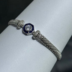 LIV Platinum Sterling Silver Blue & White Sapphire Halo Vintage Style Hand Made Mesh Lobster Lock Bracelet Gift