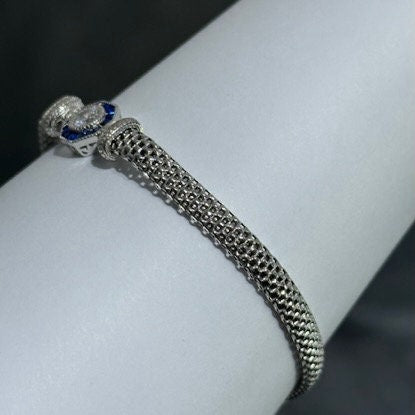 LIV Platinum Sterling Silver Blue & White Sapphire Halo Vintage Style Hand Made Mesh Lobster Lock Bracelet Gift