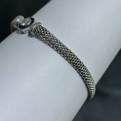 LIV Platinum Sterling Silver Blue & White Sapphire Halo Vintage Style Hand Made Mesh Lobster Lock Bracelet Gift