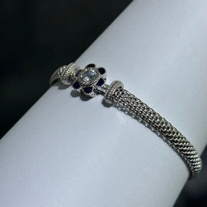 LIV Platinum Sterling Silver Blue & White Sapphire Flower Halo Hand Made Mesh Lobster Lock Bracelet Gift