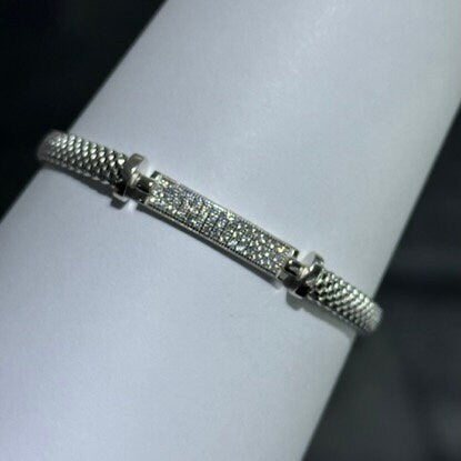 LIV Platinum Sterling Silver Pave White Sapphire Sideway Bar Halo Design Hand Made Mesh Lobster Lock Bracelet Gift