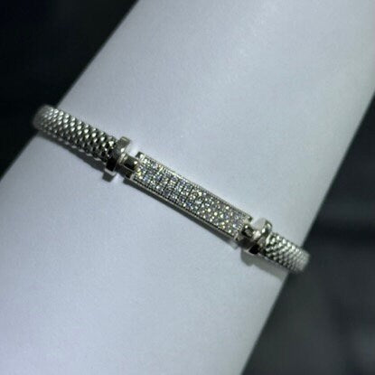 LIV Platinum Sterling Silver Pave White Sapphire Sideway Bar Halo Design Hand Made Mesh Lobster Lock Bracelet Gift