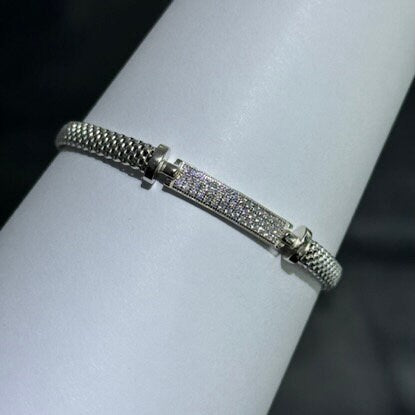 LIV Platinum Sterling Silver Pave White Sapphire Sideway Bar Halo Design Hand Made Mesh Lobster Lock Bracelet Gift