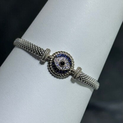 LIV Platinum Sterling Silver Pave Blue & White Sapphire Evil Eye Cable Halo Design Hand Made Mesh Lobster Lock Bracelet Gift