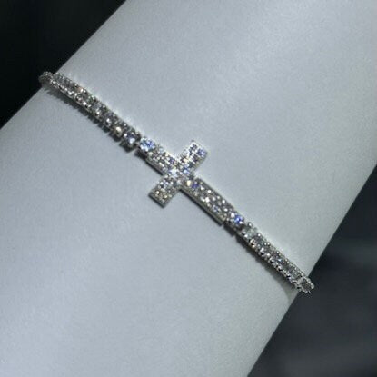 LIV Platinum Sterling Silver Pave White Sapphire Sideway Cross Halo Design Hand Made Lobster Lock Tennis Bracelet Gift