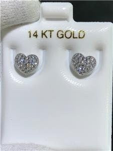 LIV 14k White Gold & White Sapphire Pave Design Heart Halo Stud Earrings Bridal Gift