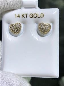 LIV 14k Yellow Gold & White Sapphire Pave Heart Halo Design Stud Earrings Bridal Gift