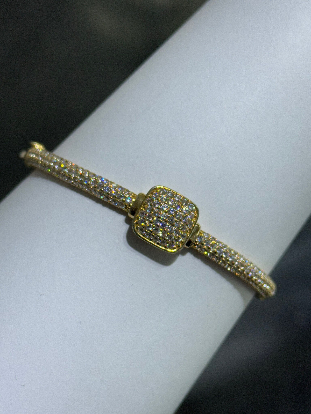 LIV 18k Yellow Gold Sterling Silver Pave White Sapphire Cushion Design Halo Hand Made Bangle Stack Bracelet Gift