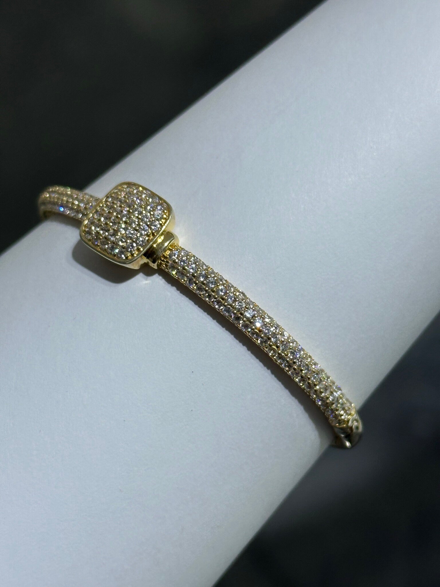 LIV 18k Yellow Gold Sterling Silver Pave White Sapphire Cushion Design Halo Hand Made Bangle Stack Bracelet Gift