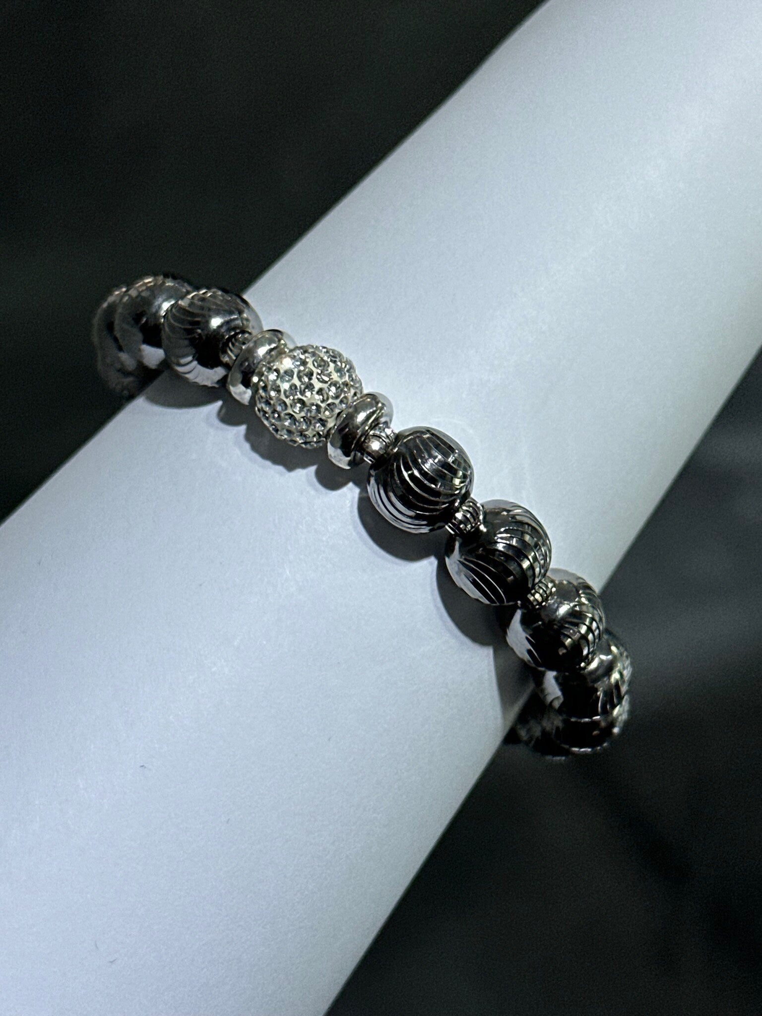 LIV 18k Black Gold Sterling Silver Diamond Cut Bead Design Halo Mesh Hand Made Tennis Stretch Bangle Stack Bracelet Gift